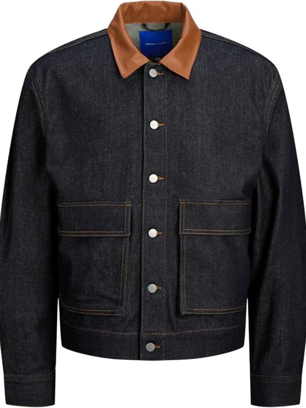 NWT Jack Jones Dark Denim Jacket w/Brown Leather Collar - XL (Jorislington)